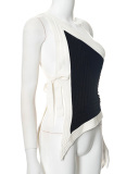 Black And White Contrast Sexy Halter Neck Tie Off-Shoulder Vest Top S-L