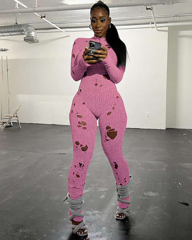 Women New Autumn Winter Fashion Distressed Long Sleeved Hollow Out Knit Long Jumpsuit S-XL