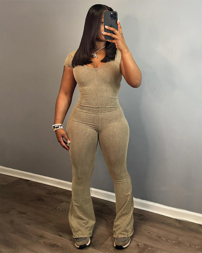 New Women Solid Color U Collar Short Sleeve High Waist Hip Lifting Wide Leg Jumpsuit Brown S-L