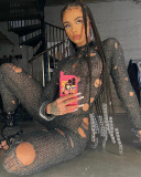 Women New Autumn Winter Fashion Distressed Long Sleeved Hollow Out Knit Long Jumpsuit S-XL