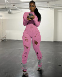 Women New Autumn Winter Fashion Distressed Long Sleeved Hollow Out Knit Long Jumpsuit S-XL