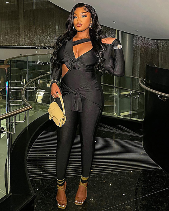 Women Autumn Winter New Fashion Tight Strap Bow Long Sleeved Pants Jumpsuit S-L