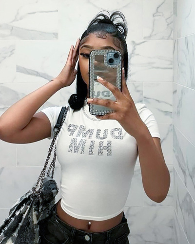 Women Summer Wear Round Neck Short Sleeve Letter Print Short Shirt Top S-L