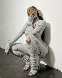 Women New Autumn Winter Fashion Distressed Long Sleeved Hollow Out Knit Long Jumpsuit S-XL