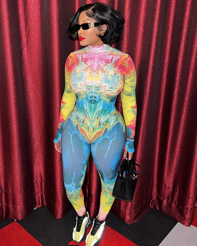 Wholesale Women New Printed Tight Fitting Long Sleeved Jumpsuit Colorful S-L