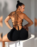Women Summer Sleeveless Hanging Neck Back Hollow Tied Jumpsuit Shorts S-L