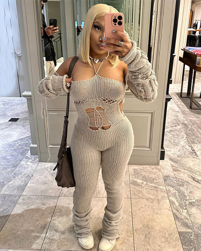 Women New Autumn Winter Halter Neck Long Sleeve Hollow Out Jumpsuit Pink Black White Gray S-L