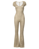 New Women Solid Color U Collar Short Sleeve High Waist Hip Lifting Wide Leg Jumpsuit Brown S-L