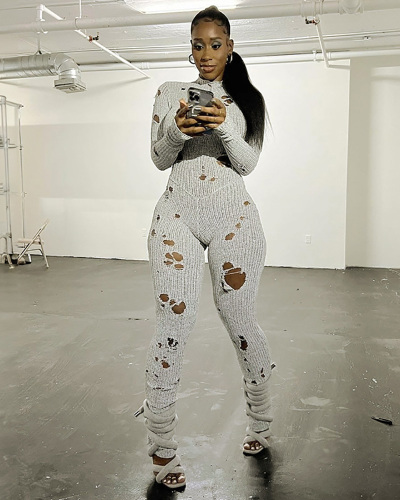 Women New Autumn Winter Fashion Distressed Long Sleeved Hollow Out Knit Long Jumpsuit S-XL