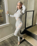 Women New Autumn Winter Fashion Distressed Long Sleeved Hollow Out Knit Long Jumpsuit S-XL