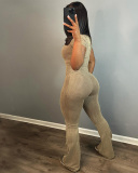 New Women Solid Color U Collar Short Sleeve High Waist Hip Lifting Wide Leg Jumpsuit Brown S-L