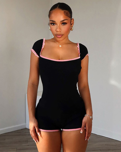 Summer Contrasting Lace Patchwork Square Neck Pure Desire Girl Tight Jumpsuit S-L