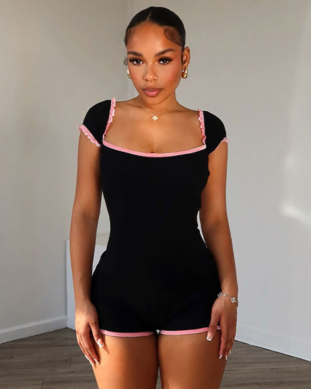 Summer Contrasting Lace Patchwork Square Neck Pure Desire Girl Tight Jumpsuit S-L