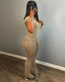 New Women Solid Color U Collar Short Sleeve High Waist Hip Lifting Wide Leg Jumpsuit Brown S-L