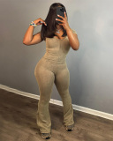 New Women Solid Color U Collar Short Sleeve High Waist Hip Lifting Wide Leg Jumpsuit Brown S-L