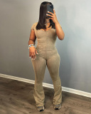 New Women Solid Color U Collar Short Sleeve High Waist Hip Lifting Wide Leg Jumpsuit Brown S-L