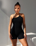 Women Summer Sleeveless Hanging Neck Back Hollow Tied Jumpsuit Shorts S-L