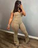 New Women Solid Color U Collar Short Sleeve High Waist Hip Lifting Wide Leg Jumpsuit Brown S-L