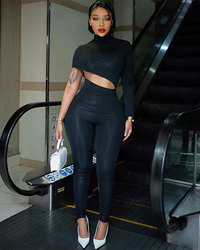 Women Autumn Winter New Street Tight Solid Color Irregular Exposed Jumpsuit Black Brown Red Gray S-L