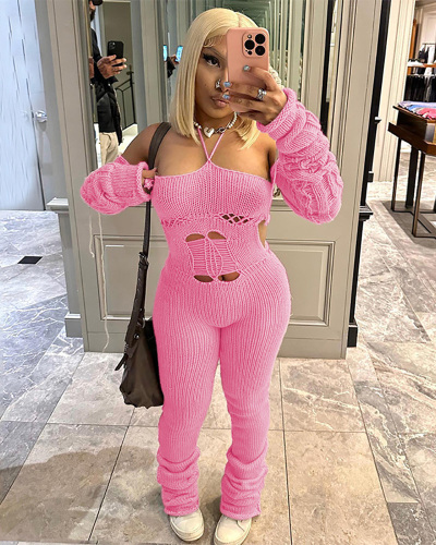 Women New Autumn Winter Halter Neck Long Sleeve Hollow Out Jumpsuit Pink Black White Gray S-L