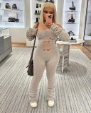 Women New Autumn Winter Halter Neck Long Sleeve Hollow Out Jumpsuit Pink Black White Gray S-L