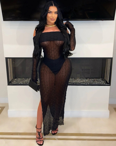 Off Shoulder Long Sleeve Women Long Dress Include Panty S-XXL
