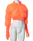New Solid Color Zipper Pocket Splicing Long Sleeve Short Cotton Jacket S-XL