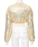 New Fashion Crop Exposed Short Style Sequined Long Sleeved Top Casual Cotton Jacket S-XL