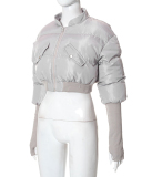 New Solid Color Zipper Pocket Splicing Long Sleeve Short Cotton Jacket S-XL