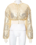 New Fashion Crop Exposed Short Style Sequined Long Sleeved Top Casual Cotton Jacket S-XL