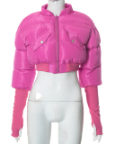 New Solid Color Zipper Pocket Splicing Long Sleeve Short Cotton Jacket S-XL