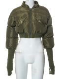New Solid Color Zipper Pocket Splicing Long Sleeve Short Cotton Jacket S-XL