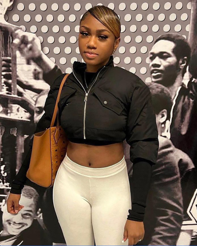 New Solid Color Zipper Pocket Splicing Long Sleeve Short Cotton Jacket S-XL