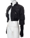 New Solid Color Zipper Pocket Splicing Long Sleeve Short Cotton Jacket S-XL