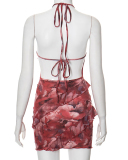 Women Summer Ruffer Color Printed Sleeveless Halter Neck Backless Sexy Dress Red Gray Brown S-L