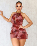Women Summer Ruffer Color Printed Sleeveless Halter Neck Backless Sexy Dress Red Gray Brown S-L