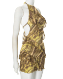 Women Summer Ruffer Color Printed Sleeveless Halter Neck Backless Sexy Dress Red Gray Brown S-L