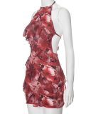 Women Summer Ruffer Color Printed Sleeveless Halter Neck Backless Sexy Dress Red Gray Brown S-L