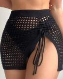 Women Summer New Solid Color Mesh Hollow Out Side Slit Pleated Tied Rope Woolen Half Skirt White Black S-L