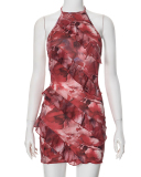 Women Summer Ruffer Color Printed Sleeveless Halter Neck Backless Sexy Dress Red Gray Brown S-L