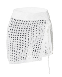 Women Summer New Solid Color Mesh Hollow Out Side Slit Pleated Tied Rope Woolen Half Skirt White Black S-L