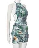 Women Summer Ruffer Color Printed Sleeveless Halter Neck Backless Sexy Dress Red Gray Brown S-L