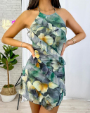 Women Summer Ruffer Color Printed Sleeveless Halter Neck Backless Sexy Dress Red Gray Brown S-L