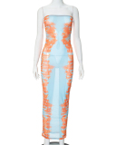 Women Summer New Fashionable Perspective Mesh Printed Sleeveless Casual Dress S-L