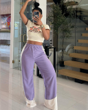 Women High-End Fashion Casual Color Blocked Striped Elastic Waist Loose Wide Leg Pants S-L