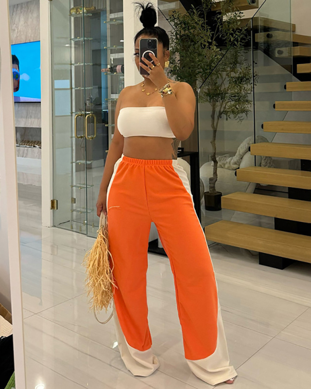 Women High-End Fashion Casual Color Blocked Striped Elastic Waist Loose Wide Leg Pants S-L