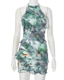 Women Summer Ruffer Color Printed Sleeveless Halter Neck Backless Sexy Dress Red Gray Brown S-L