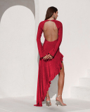 Long Sleeve Open Back Women Ruffle Long Dress S-L