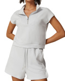 Women Modal Sports Half Zipper Neck Short Sleeve Casual Fitness Shorts Sets Two Piece Set S-L