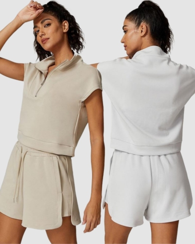 Women Modal Sports Half Zipper Neck Short Sleeve Casual Fitness Shorts Sets Two Piece Set S-L